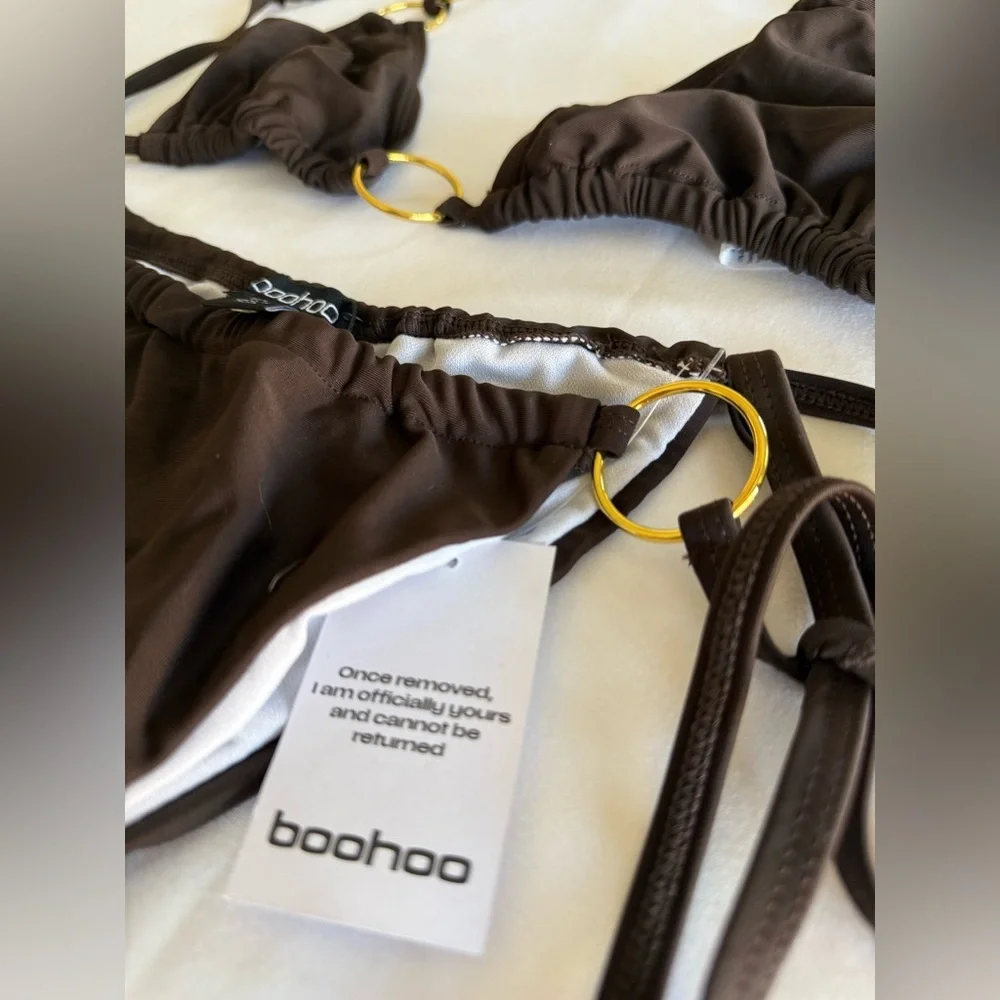 BOOHOO Brown Ring-Detail Triangle Bikini Top & Tie-Side Bottoms - NEW - Size 6